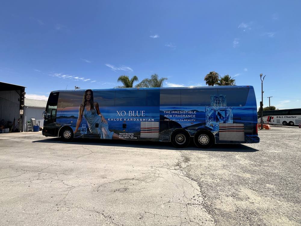 XO Blue fragrance motorcoach wrap